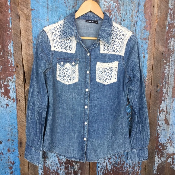 Allen B. Chambray with Lace Button Down Shirt - Picture 1 of 7